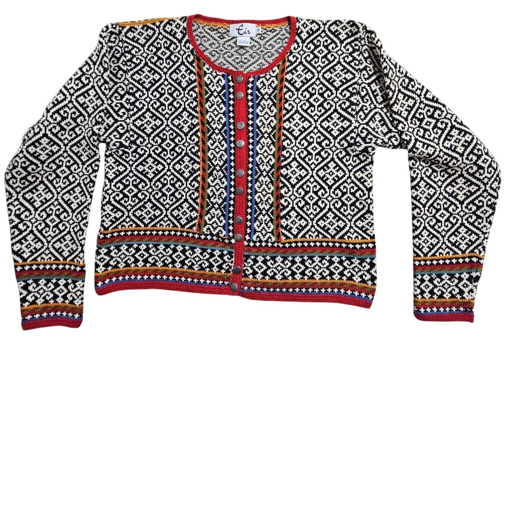 Eir Cardigan Sweater Size M Black White Red Nordic Fair Isle Cotton Button Front